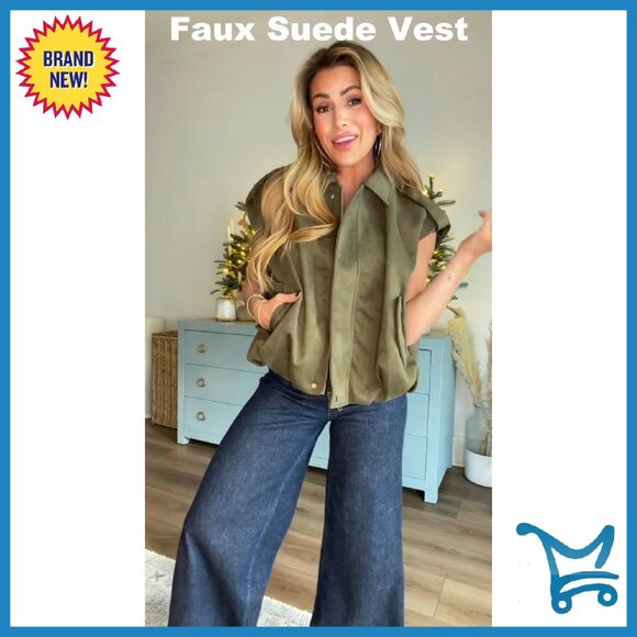 Faux Suede Cropped Bomber Vest, Oversized Fit, Lapel Collar, Zip Closure - Picture 8 of 8